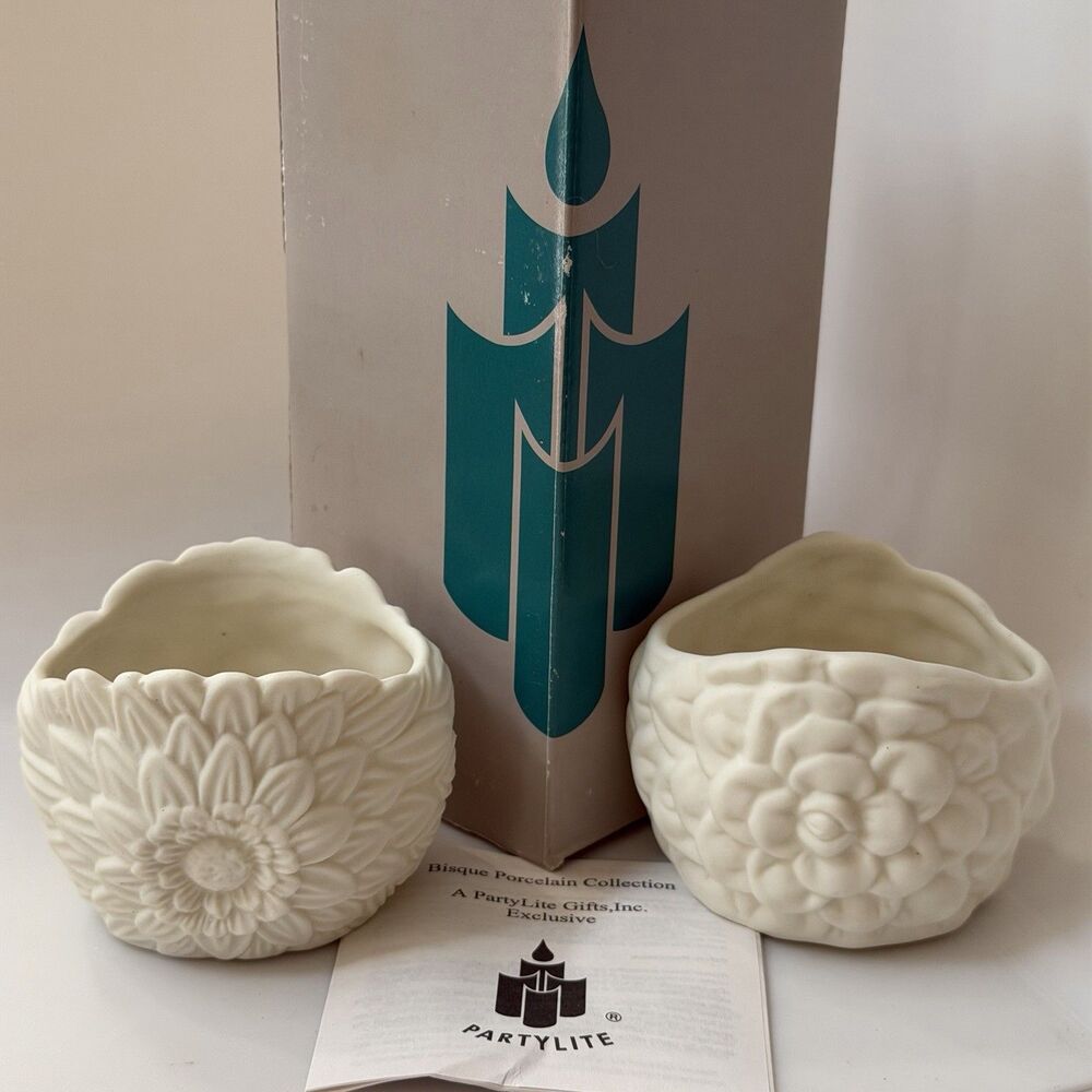Vintage PartyLite May Flowers Tealight Holders Ivory Bisque Porcelain Set of 2